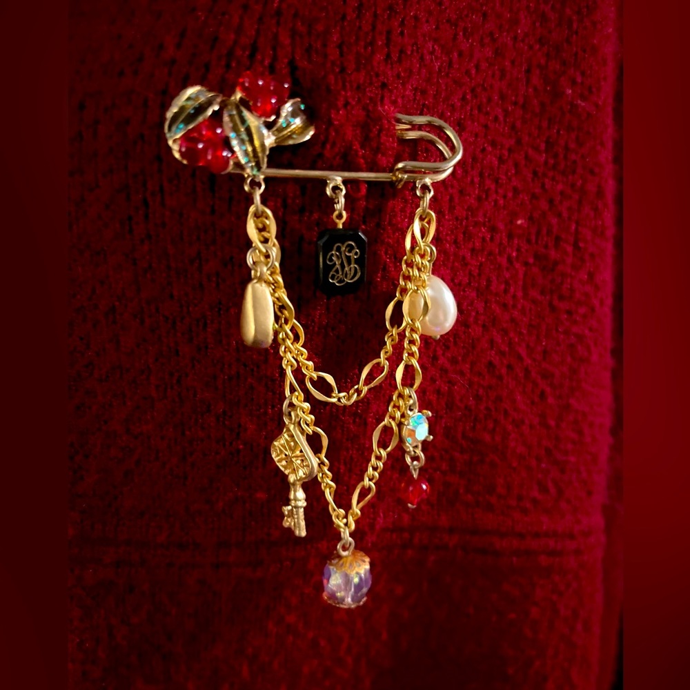 Gorgeous Vintage Guilloche Brooch Safety Pin Pearl Crystal Brooch